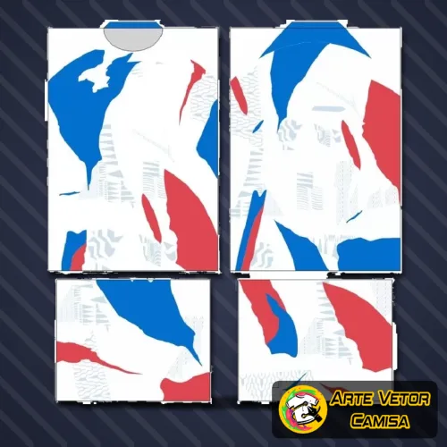 Camisa estilizada com logo no peito e estampa grande nas costas destacando a bandeira da França em design moderno e vibrante, perfeita para torcedores e fãs de futebol.