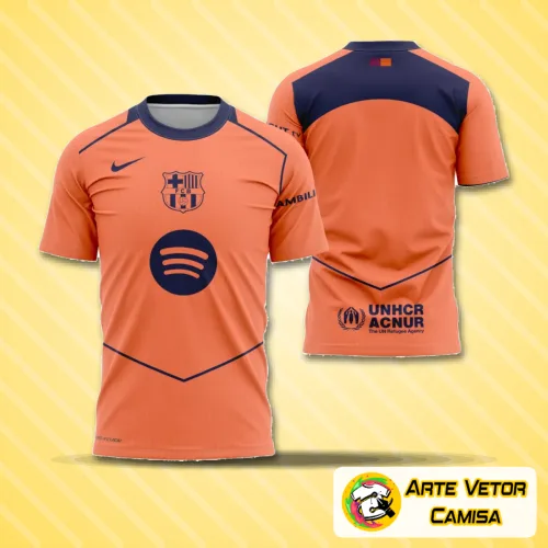 Camisa com logo no peito e estampa grande nas costas em estilo moderno inspirado no terceiro Barcelona temporada 2025-2026, destacando cores vibrantes e design arrojado.