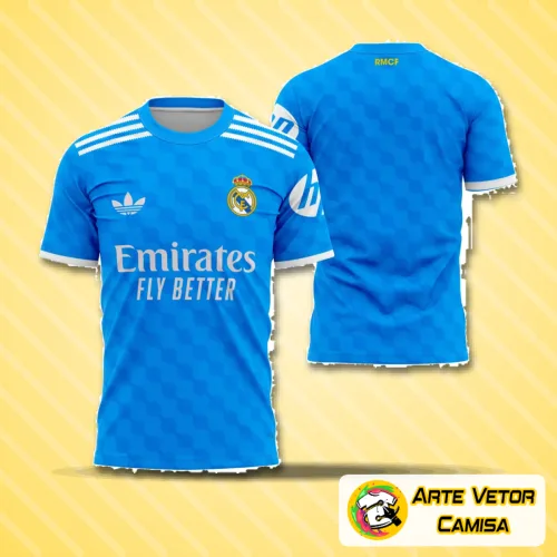 Camisa do Real Madrid com logo no peito e estampa grande nas costas em destaque, apresentando design moderno e detalhes em cores vibrantes que ressaltam o estilo único da temporada 2025-2026.