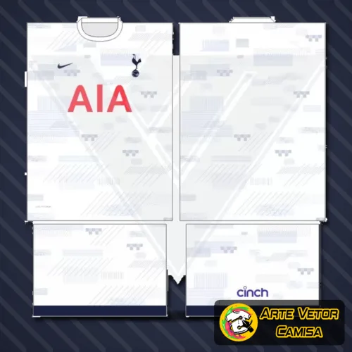 Imagem mostrando uma camisa com o logo no peito e uma estampa grande nas costas, destacando o design dinâmico e moderno inspirado no Tottenham, perfeita para fãs do time.