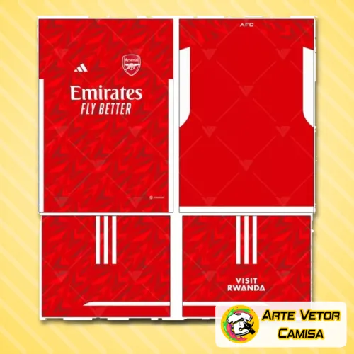 Foto de uma camisa com logo no peito e estampa grande nas costas, exibindo visual clássico e vibrante do Arsenal, ideal para torcedores que valorizam estilo e identidade marcante.