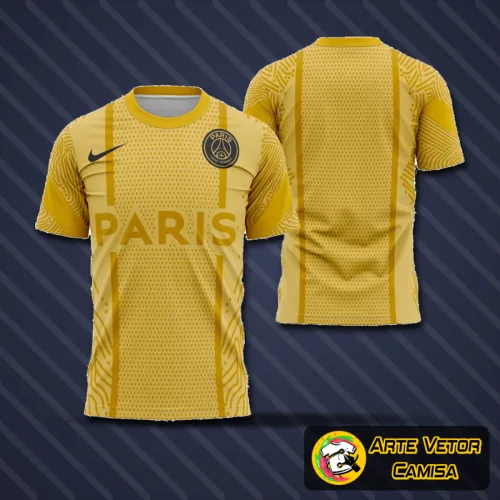 Camisa com o logo no peito em destaque e estampa grande nas costas, exibindo design dourado e elegante inspirado no PSG da temporada 2020-2021