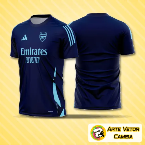 Imagem da camisa de treino Arsenal 2025-2026 com logo no peito e estampa grande nas costas, exibindo design moderno e cores vibrantes que destacam o espírito esportivo do time.