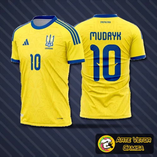 Camisa oficial com logo no peito e estampa grande nas costas, destacando as cores vibrantes da Ucrânia em design moderno e estiloso para torcedores e colecionadores.