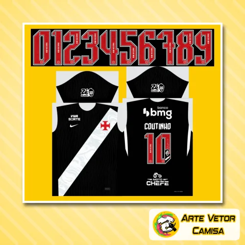 Foto da camisa do Vasco 2026 com logo no peito em destaque e estampa grande nas costas, mostrando a combinação perfeita de design moderno e identidade do clube.