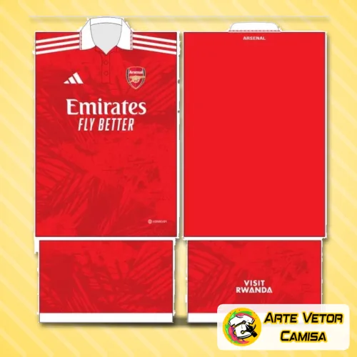 Camisa vermelha com logo do Arsenal no peito e estampa grande nas costas, destacando o design marcante e cores vibrantes que representam o time com estilo.