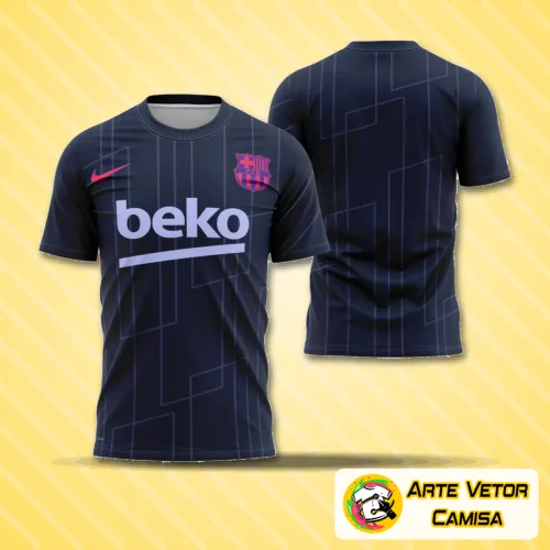 Imagem da camisa visita do Barcelona 21-22 destacando o logo no peito e uma estampa grande nas costas em azul e granada com detalhes modernos e design marcante.