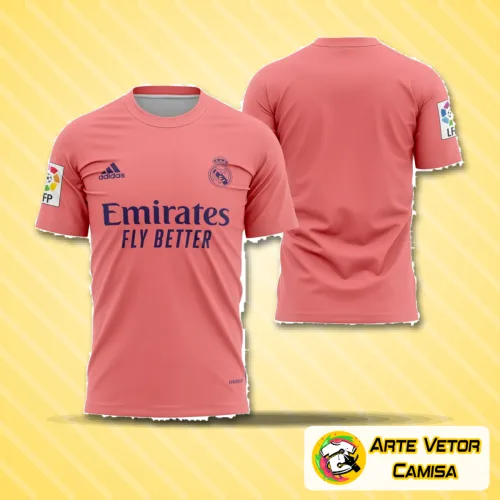 Foto da camisa visita do Real Madrid 2020-2021, com o logo no peito e uma estampa grande nas costas que destaca cores e detalhes do design clássico do clube.