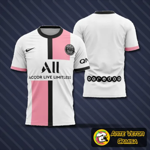 Imagem da camisa visitante do PSG 2021-2022, com logo no peito e estampa grande nas costas, destacando o design moderno em cores vibrantes.