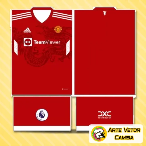 Camisa do Manchester United com logo no peito visível e estampa grande nas costas destacando o design inovador, perfeita para fãs que valorizam estilo e tradição no futebol.