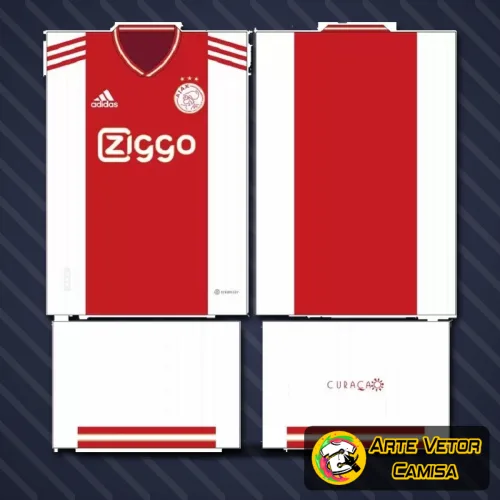 Camisa do Ajax com logo no peito e estampa grande nas costas, apresentando cores vibrantes e design moderno que destaca a identidade do time de forma elegante e impactante.