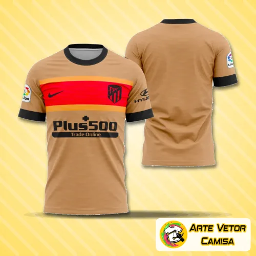 Camisa do Atlético de Madrid com logo no peito e estampa grande nas costas em design alternativo 2022-2023 com cores vibrantes e estilo moderno.