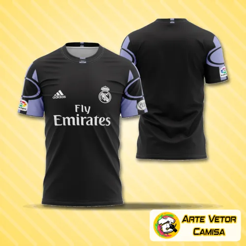 Imagem da camisa com logo no peito destacando o escudo do Real Madrid e estampa grande nas costas com design diferenciado em tons claros e detalhes modernos, lembrando o uniforme alternativo da temporada 2016-2017.