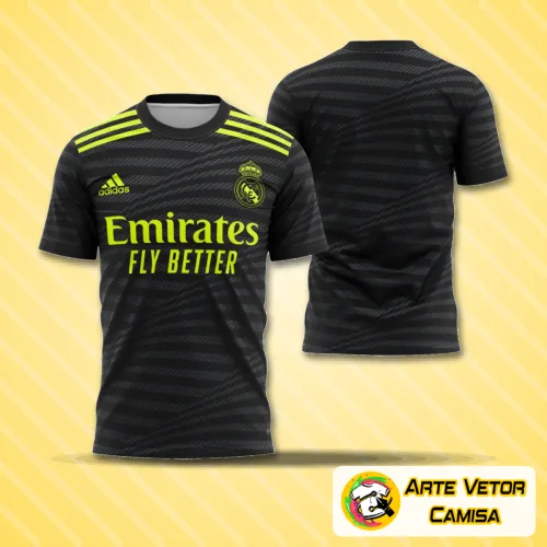 Camisa Alternativa do Real Madrid 2022-2023 com logo no peito e estampa grande nas costas, detalhada e vibrante, representando estilo único e paixão pelo futebol.