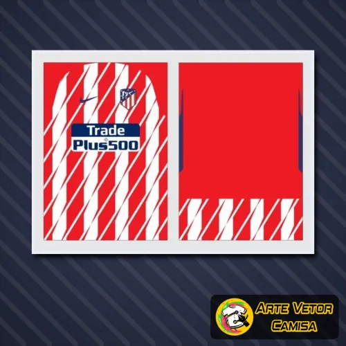 Foto da camisa Atlético de Madrid com logo no peito e estampa grande nas costas exibindo design moderno e detalhado em tons clássicos do clube.