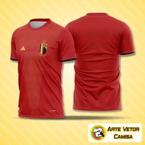 Camisa final com logo no peito e estampa grande nas costas destacando detalhes da seleção da Bélgica para 2026, combinando cores vibrantes em design moderno e estilizado.