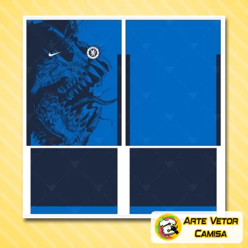 Camisa com logo no peito e estampa grande nas costas, exibindo design moderno e cores vibrantes que destacam a identidade do Chelsea com estilo único e elegante.