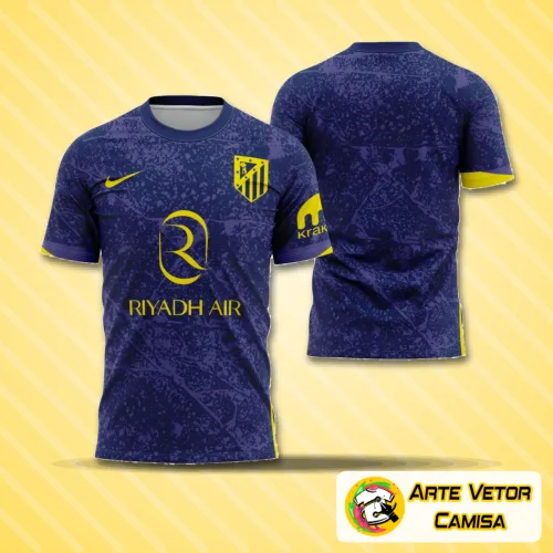 Imagem detalhada de camisa com logo no peito e estampa grande nas costas, destacando o conceito moderno do Atlético de Madrid 2025, mostrando cores vibrantes e design inovador.