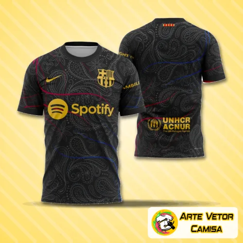 Camisa com logo no peito e estampa grande nas costas, exibindo design moderno inspirado na cidade de Barcelona, com cores vibrantes e detalhes que ressaltam o estilo urbano e contemporâneo.