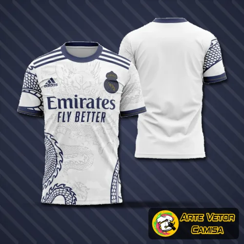 Camisa do Real Madrid 2023 com logo no peito e estampa grande nas costas destacando detalhes únicos do design moderno e vibrante do time campeão.