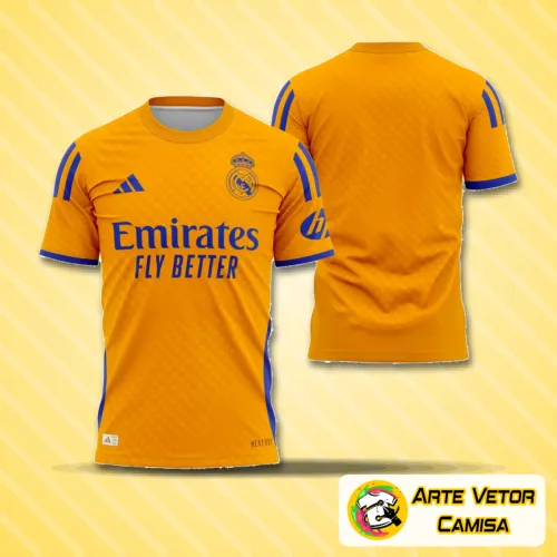 Camisa do Real Madrid com logo no peito e estampa grande nas costas destacando detalhes dinâmicos e modernos em combinação elegante de cores.