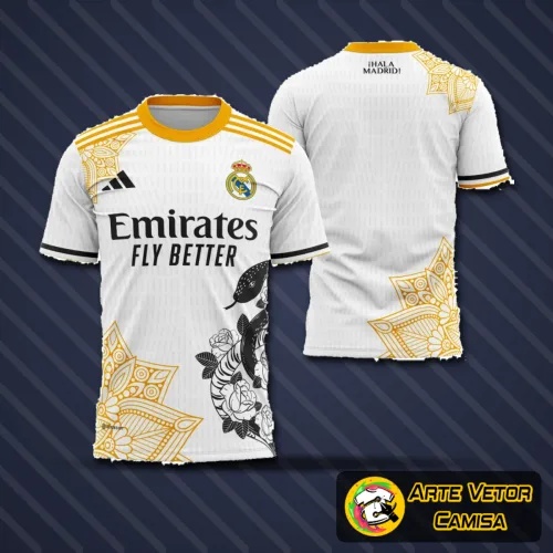 Camisa final do Real Madrid com logo no peito e estampa grande nas costas, destacando design moderno e detalhes vibrantes, ideal para fãs e colecionadores do time.