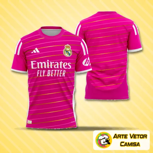 Camisa branca com logo no peito característica do Real Madrid e estampa grande nas costas, exibindo detalhes modernos e design inovador para os fãs do clube em 2024.