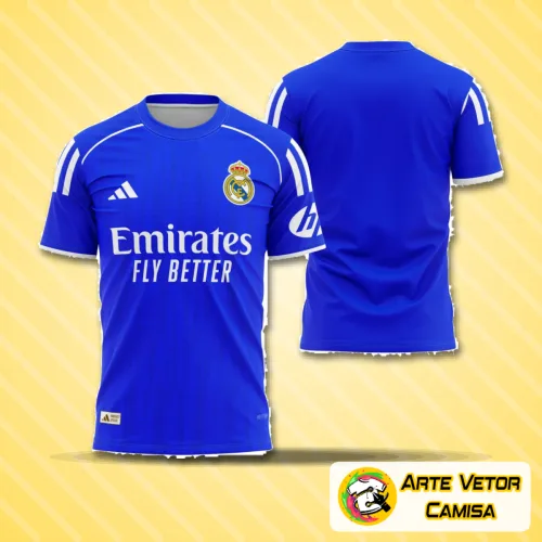 Camisa do Real Madrid com logo no peito e estampa grande nas costas, mostrando design moderno e exclusivo em cores vibrantes que destacam o estilo único da equipe para 2025.
