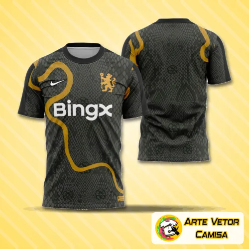 Camisa de pré-jogo do Chelsea na temporada 2024-2025 com logo no peito em destaque e estampa grande nas costas que chama atenção pelo estilo moderno e vibrante