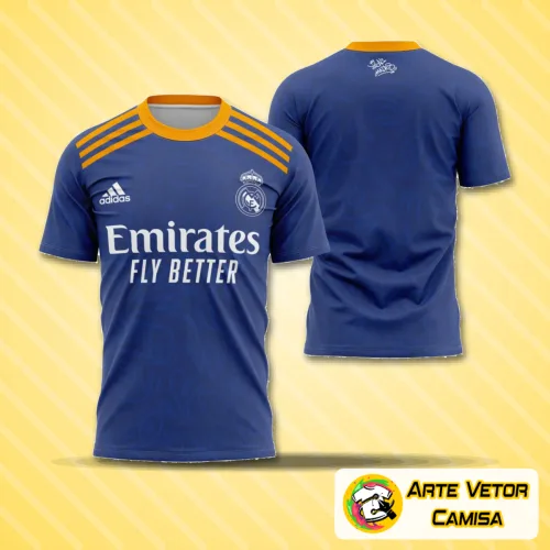 Imagem da camisa de visita do Real Madrid 2021-2022 com logo no peito e estampa grande nas costas em fundo branco, destacando detalhes de design clássico e elegante do time espanhol.