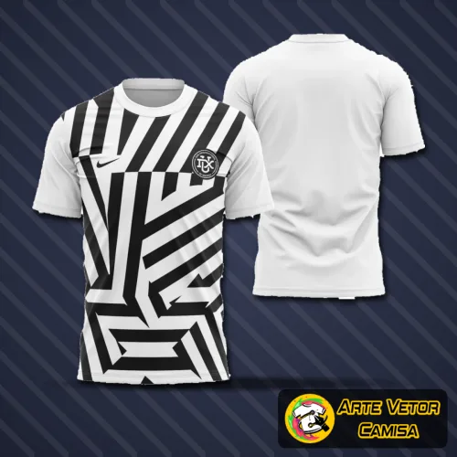 Imagem mostrando a camisa Dux Internacional Madrid com logo no peito e estampa grande nas costas, em cores vivas e design moderno, perfeita para apaixonados por futebol e estilo urbano.