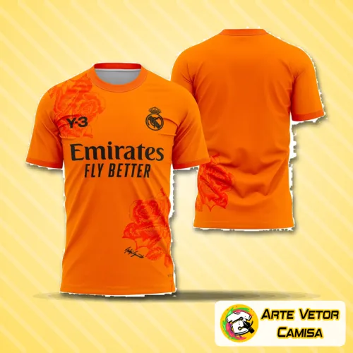 Imagem da camisa do goleiro do Real Madrid com logo no peito e estampa grande nas costas, destacando detalhes autênticos da temporada 2023-2024 em visual moderno e vibrante.