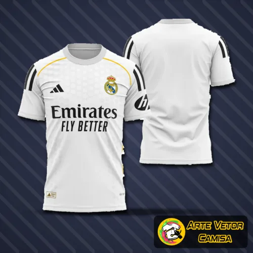 Camisa final do Real Madrid 2025-2026 com logo no peito e estampa grande nas costas, exibindo design moderno e detalhado em branco clássico, perfeita para fãs do clube prestigiar o uniforme icônico.