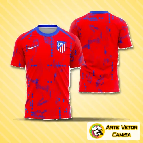 Camisa do Atlético Madrid com logo no peito visível e estampa grande nas costas em destaque, mostrando cores vibrantes e design moderno que capturam toda a essência do time.