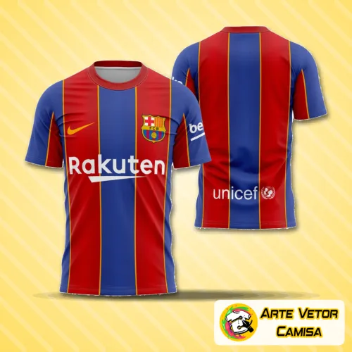 Imagem da camisa do Barcelona 2020-2021 com logo no peito e estampa grande nas costas em destaque, mostrando detalhes vibrantes e design autêntico do time