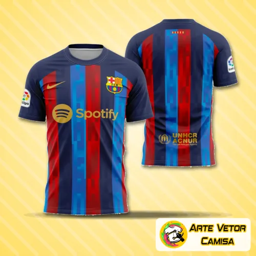 Camisa do Barcelona com logo no peito e estampa grande nas costas, exibindo design moderno e detalhado que remete ao estilo e tradição do clube na temporada 2022-2023.