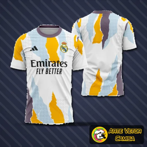 Camisa do Real Madrid 2024-2025 em pré-jogo com logo no peito e estampa grande nas costas, detalhe elegante com design moderno e cores vibrantes destacando o estilo único do time.