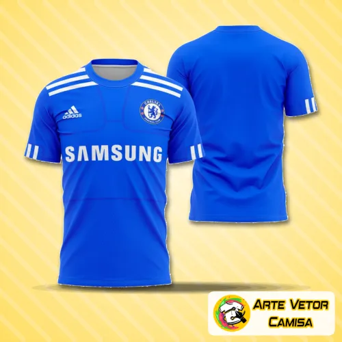 Imagem detalhada da camisa do Chelsea 2009-2010 com logo no peito e estampa grande nas costas, evidenciando o design clássico e cores vibrantes que marcaram a temporada.