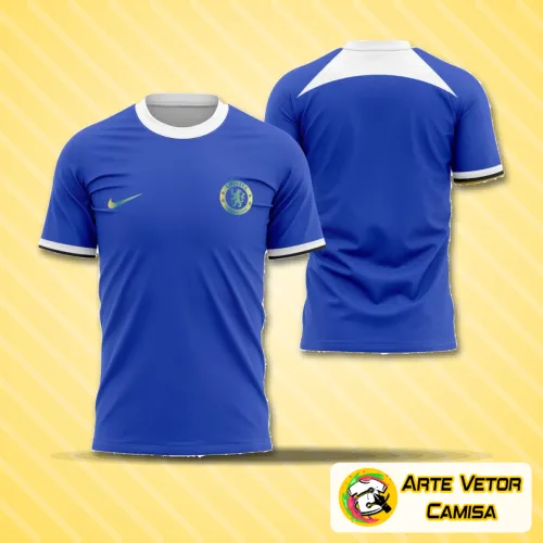 Camisa do Chelsea 2023-2024 exibindo o logo no peito e uma estampa grande nas costas que destaca a identidade do clube com cores vibrantes e design moderno