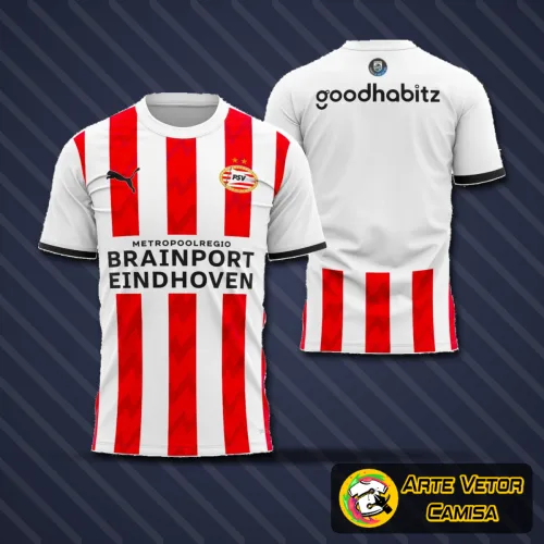 Foto da camisa masculina do PSV Eindhoven 2025 2026 com logo no peito em destaque e estampa grande nas costas que mostra detalhes vibrantes e design moderno.