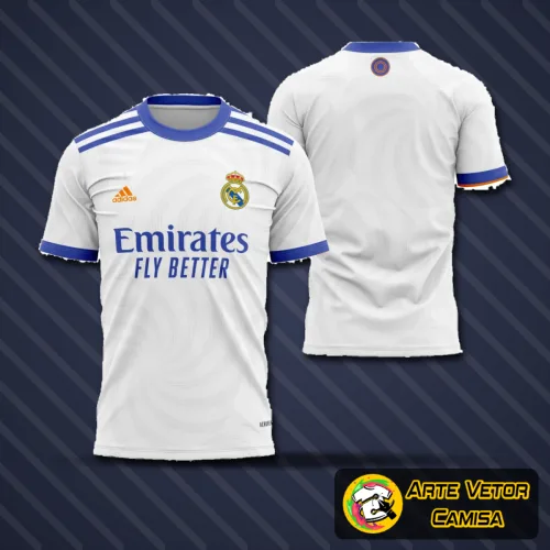 Camisa do Real Madrid 2021-2022 com logo no peito e estampa grande nas costas, destacando detalhes clássicos e design elegante em tom branco predominante