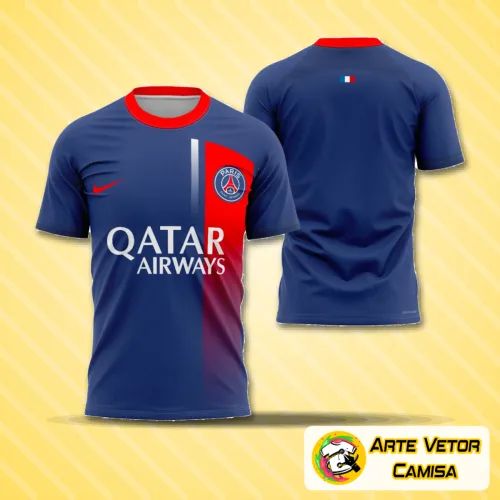 Camisa oficial do PSG 2023-2024 exibida com logo no peito visível e estampa grande nas costas preta e vermelha, destacando detalhes modernos e modernos cortes esportivos.