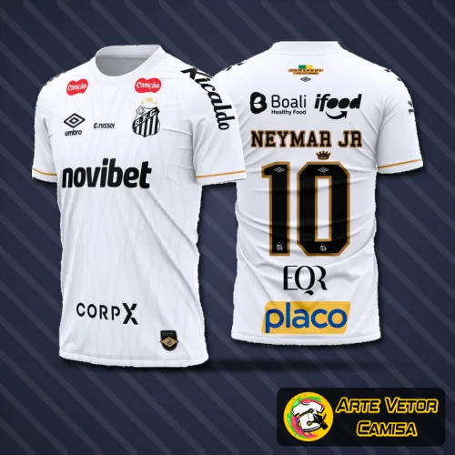 Imagem da camisa oficial do Santos com logo no peito e estampa grande nas costas, destacando design moderno e detalhes exclusivos que celebram o estilo e tradição do clube para a temporada 2026-27.