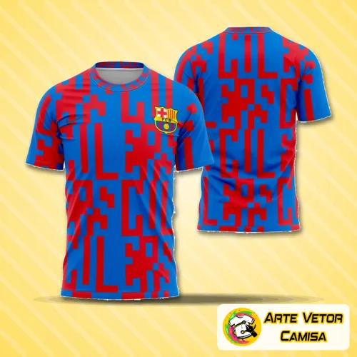 Foto da camisa do Barcelona com logo no peito e estampa grande nas costas, em cores vibrantes, destacando o design exclusivo para o período pré-jogo da temporada 22/23.