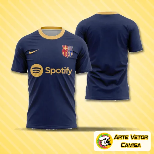 Camisa do Barcelona 2024-2025 com logo no peito e estampa grande nas costas, mostrando um design moderno e vibrante que representa o espírito do time antes dos jogos.