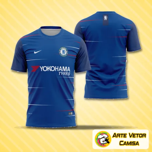Camisa principal do Chelsea 2018-2019 com logo no peito e estampa grande nas costas, exibindo cores vibrantes azul e branco, estilo clássico e visual moderno para torcedores apaixonados.