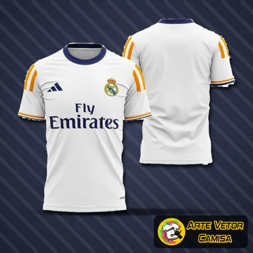Camisa do Real Madrid 2023-2024 exibindo o logo no peito e uma estampa grande nas costas, com design moderno e elegante que destaca o tradicional branco do clube espanhol.