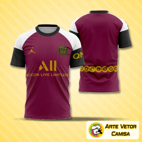 Imagem da camisa com logo no peito em destaque e estampa grande nas costas, evidenciando detalhes elegantes e cores vibrantes da edição Terceira 2020-2021 do PSG