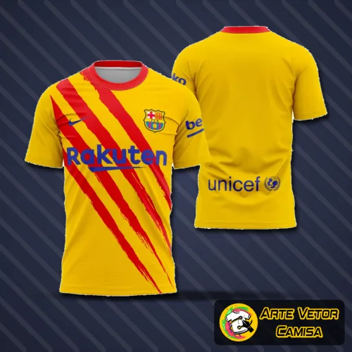 Imagem da camisa com logo no peito e estampa grande nas costas, representando o quarto kit do Barcelona 2019-2020, ideal para fãs do time buscando estilo e autenticidade.