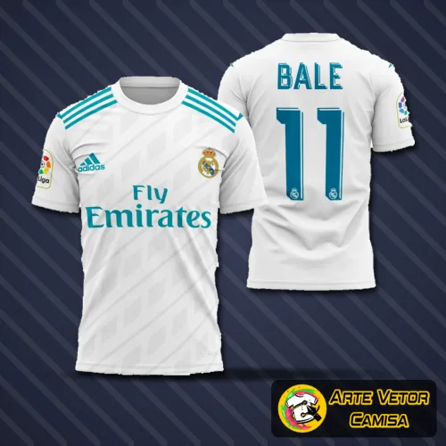 Camisa do Real Madrid com logo no peito e estampa grande nas costas exibindo os principais locais do clube na temporada 2017-2018, em design moderno e detalhes nítidos